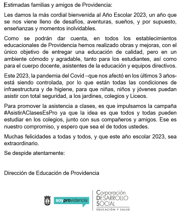 Comunicado inicio escolar 2023